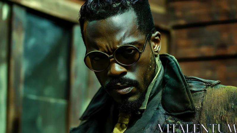 Intense man in round sunglasses in gritty urban setting.