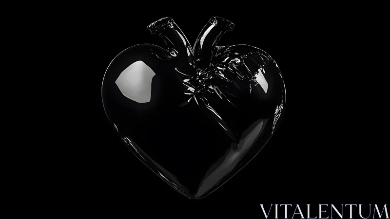 Shiny Black Glass Heart on Black Background, Minimalist 3D Art.