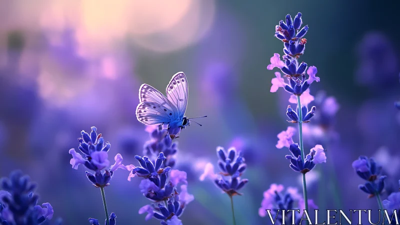 Lavender twilight ballet with a luminous blue butterfly.