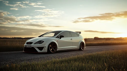 Lowered white hot hatch on rural road at golden hour sunset