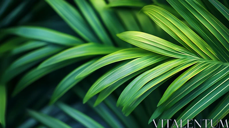 Macro study of sunlit tropical palm fronds with soft bokeh