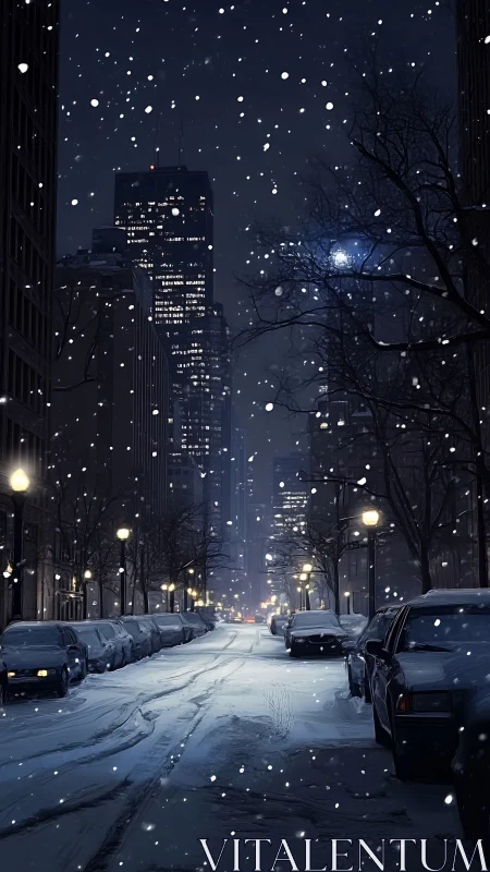 Snowfall over silent city street under winter night sky.