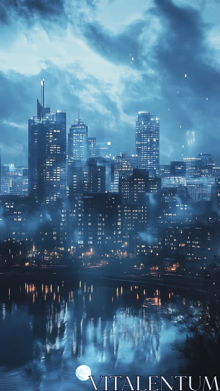 Digital nocturne skyline with reflective lunar waterfront composition.