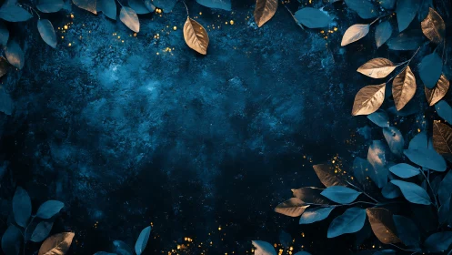 Metallic gold foliage frames textured deep blue background