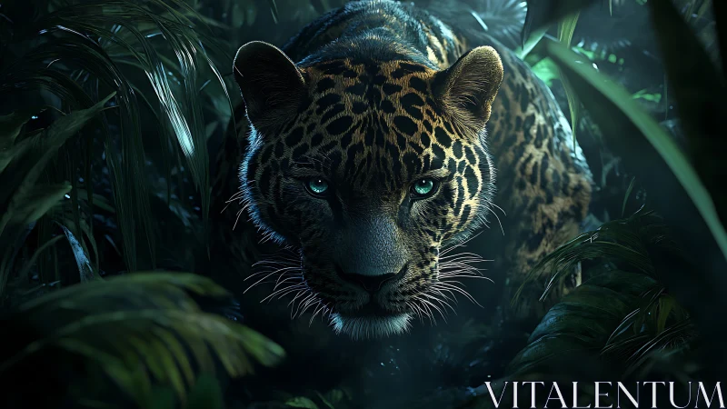 Photorealistic Jaguar Portrait with Piercing Emerald Eyes in Jungle Setting