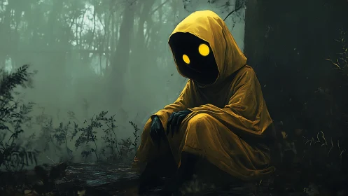 Hooded void sitter with lantern eyes in the moss-dark woods.