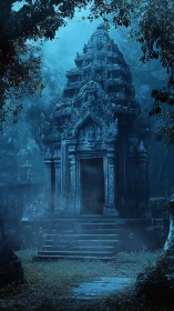 Ancient jungle temple entrance shrouds dark mist portal