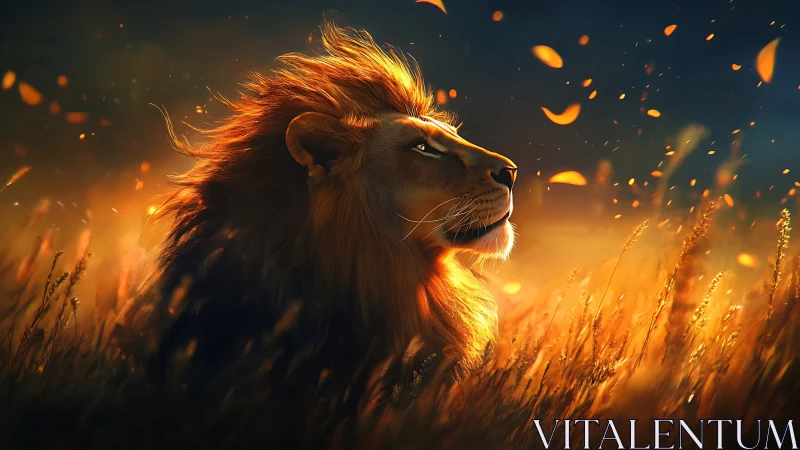 Lion sits in backlit field under scattered glowing particles