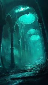 Mystic turquoise cathedral hallway glows with eerie light