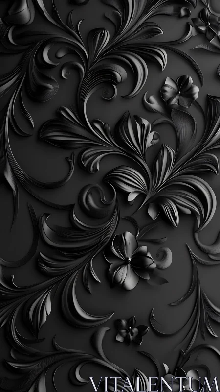 Monochrome floral relief pattern sculpts flowing black petals