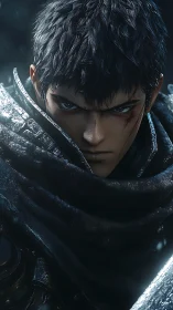 Armored warrior stares forward with intense wounded gaze