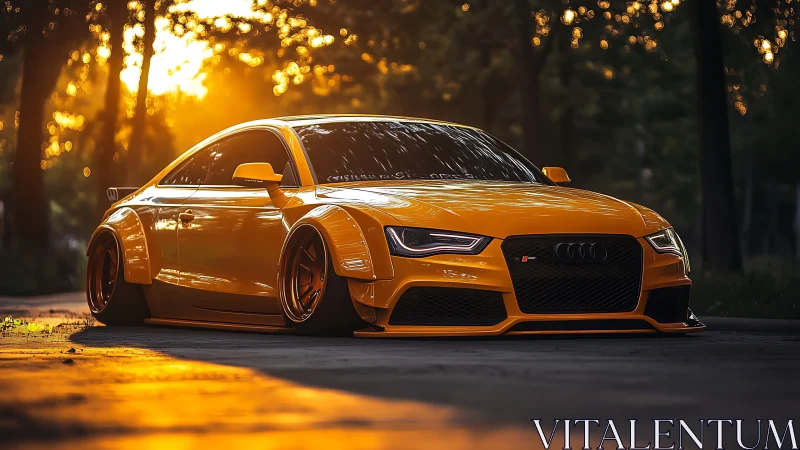 Widebody Audi coupe rendered in dramatic golden hour backlight