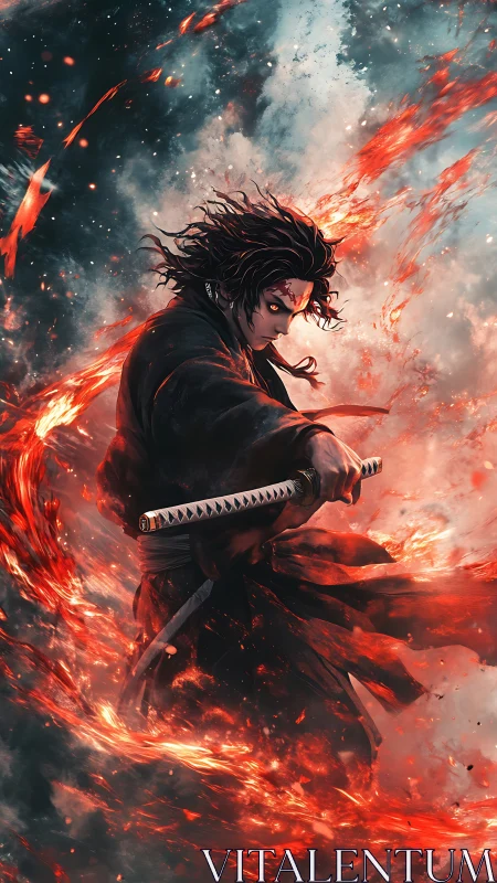Samurai swordsman immersed in explosive elemental fire vortex.