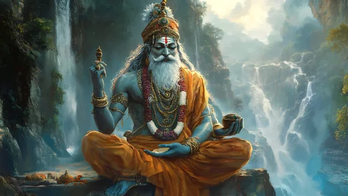 Serene blue sage meditates calmly before misty waterfalls