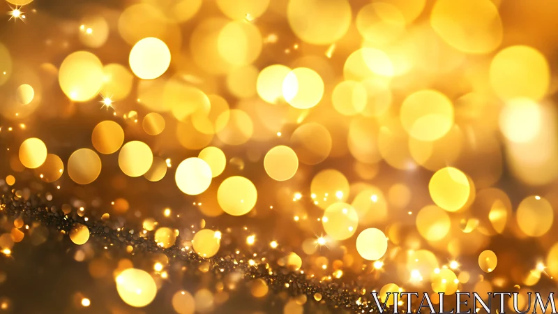 Golden bokeh lights over glittering surface background.