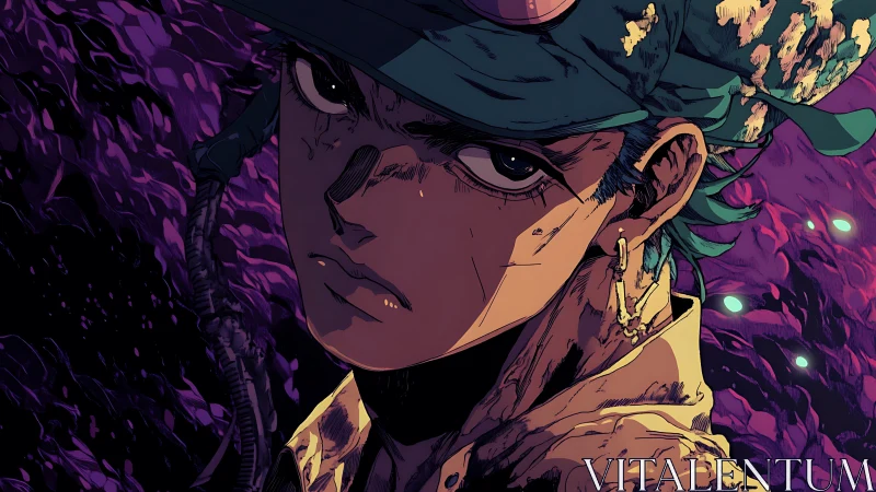 Brooding anime soldier in teal cap amid violet energy field.