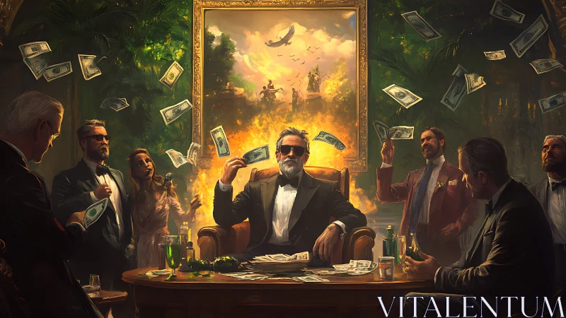 Powerful tycoon reigns in opulent room as money storms