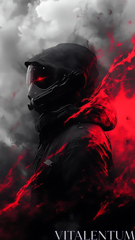 Hooded sci fi soldier stands in crimson smoke and storm clouds