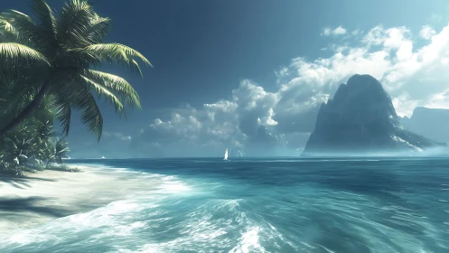 Coastal landscape with palm trees, white sand beach, and distant mountain formation.