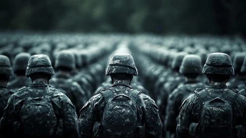 Large formation of soldiers standing in uniform rows outdoors