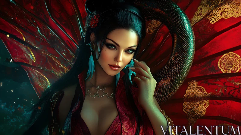 Serpent courtesan in ember-red silk and shimmering scales.