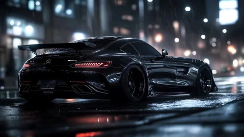 Black performance coupe on wet night city street in rain.