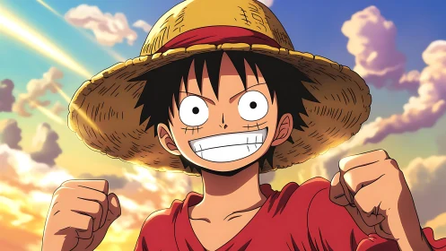 Straw-hatted dream chaser grins into a blazing sky.