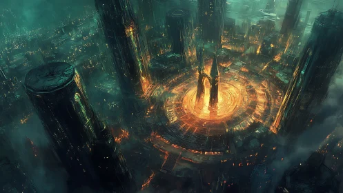 Luminous cyberpunk citadel glows at the core of a vast city