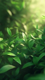 Sunlit green foliage with soft bokeh depth of field.