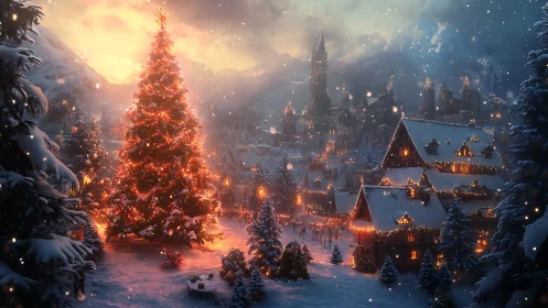 Snowy village Christmas tree glows warmly at winter dusk