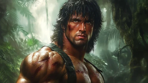 Battle-scarred warrior poised in dense tropical jungle.