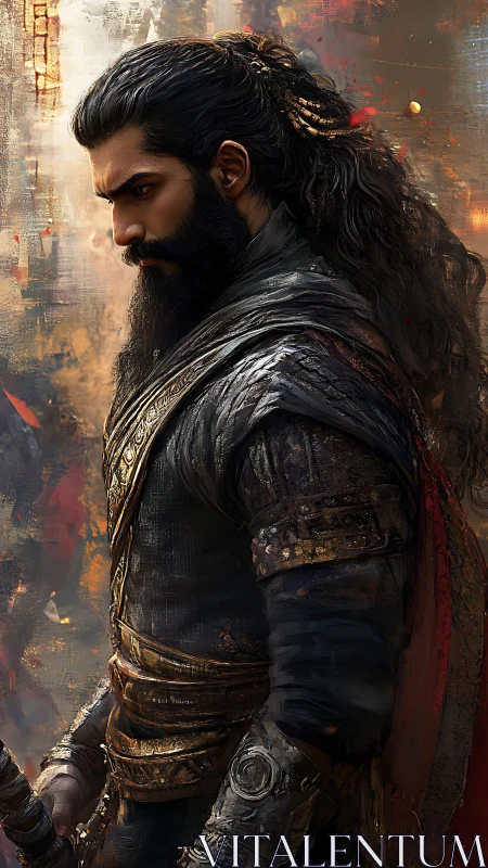 Brooding warrior prince in ornate leather and bronze armor.