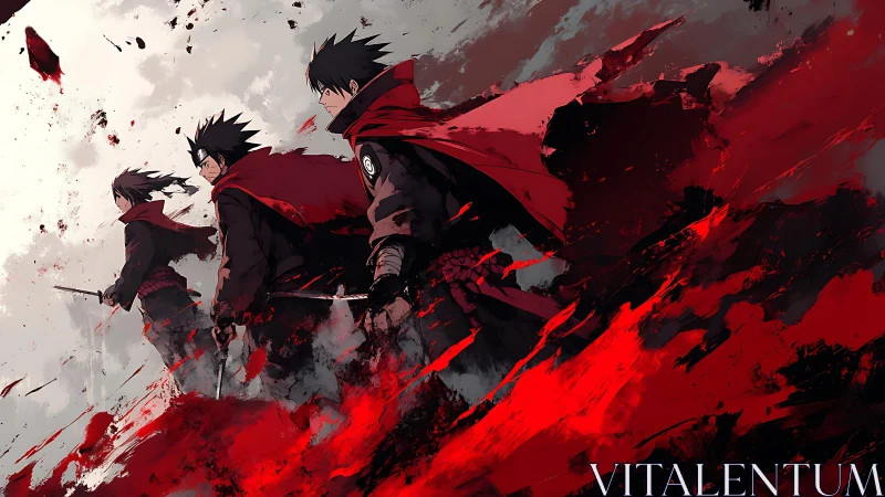 Dynamic anime warriors in red cloaks with kinetic brushwork.