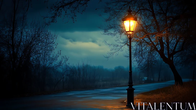 Nocturnal riverside path lit by solitary gas-style lamp.