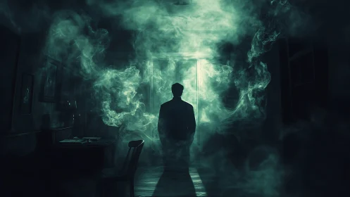 Silhouetted man stands before bright doorway amid swirling smoke