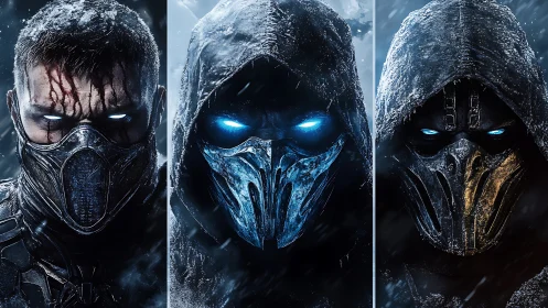 Frost‑eyed masked warriors stare through a storm of steel.