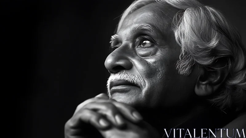 Elderly man in reflective black and white close portrait.