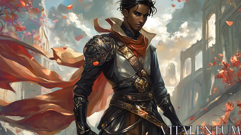 Armored fantasy warrior stands before ruined stone city