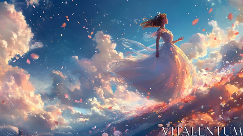 Skyborne dreamer strides through sunlit petals and cloud tides