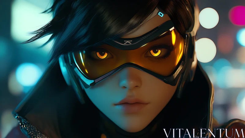 Neon-eyed cyber operative portrait in high-fidelity focus.