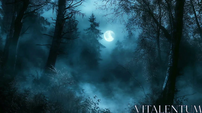 Full moon over misty blue forest with silhouetted trees.
