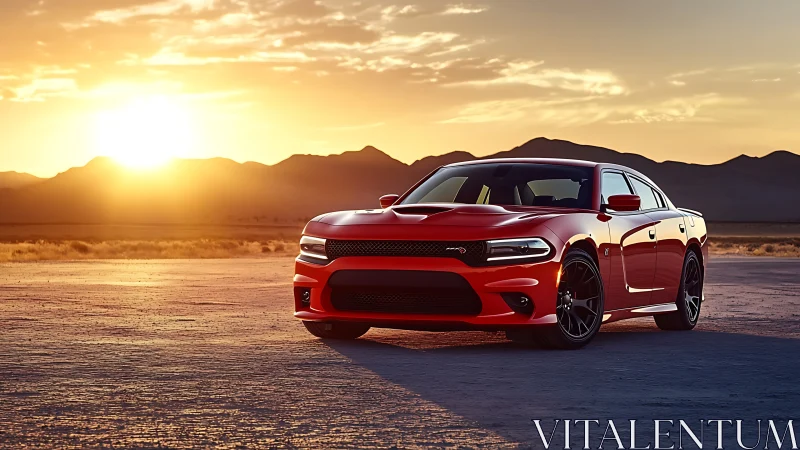 Sunset-red muscle car quietly owns the open desert horizon