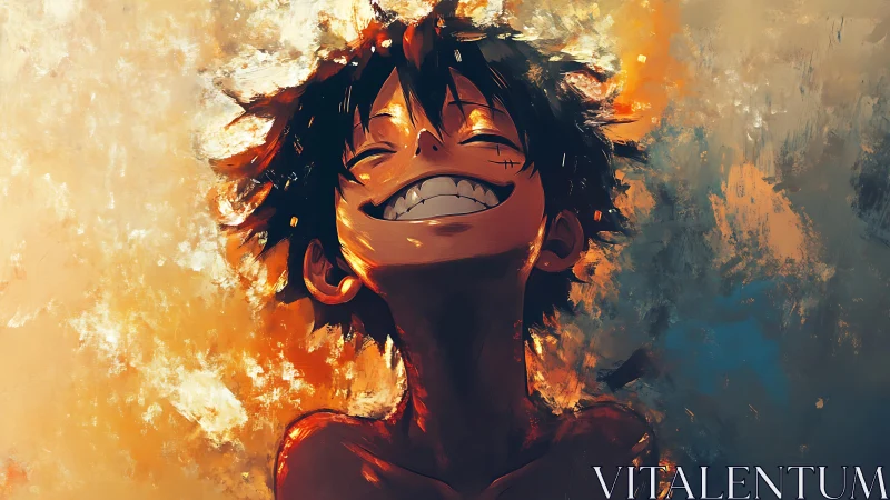 Smiling anime boy glows against fiery abstract background