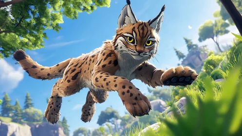 Animated lynx in mid-leap against forest backdrop.