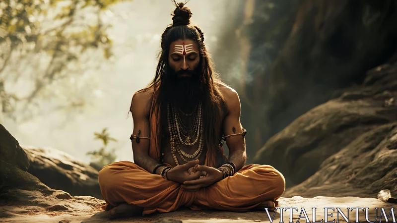 Peaceful forest yogi resting in golden morning stillness.