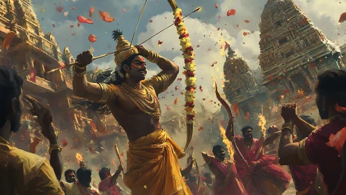 Temple warrior leads vibrant festival procession in gold