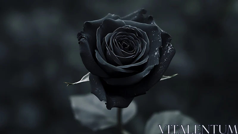 Macro closeup of single black rose with dewy petals in bokeh field