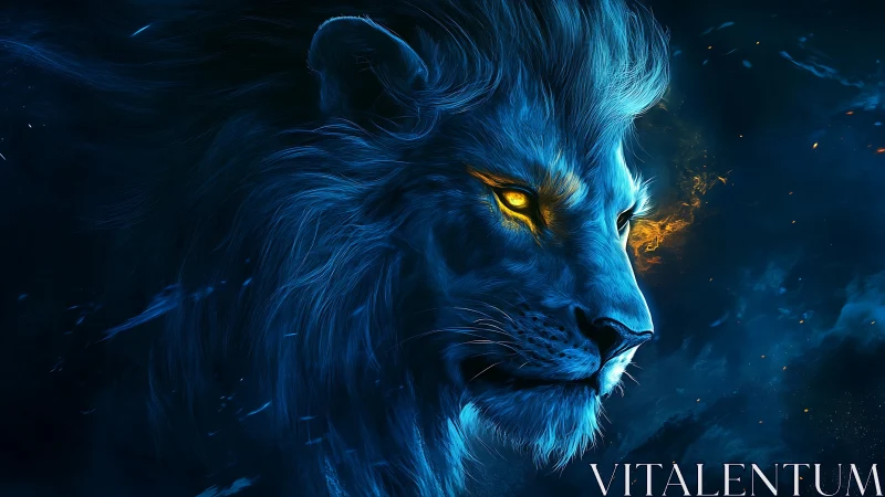 Bioluminescent blue lion profile with fiery luminous eyes