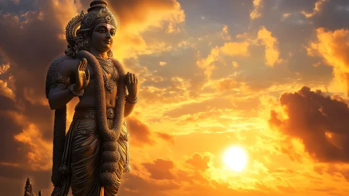 Sunlit Hindu deity statue against dense orange sky at dusk.