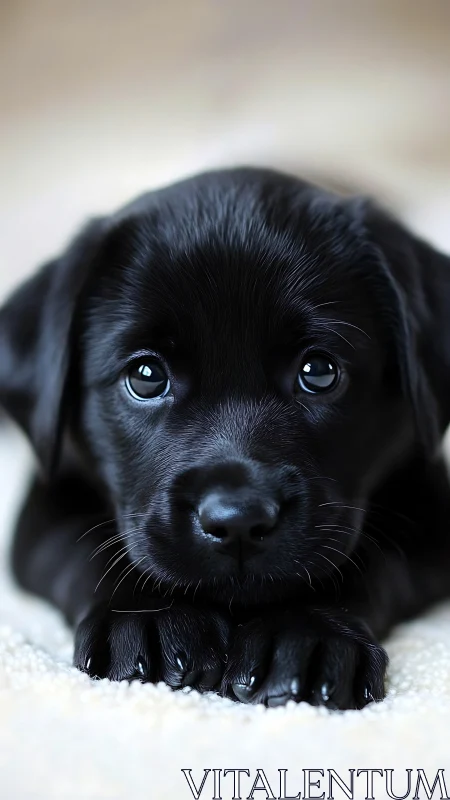 Soft-focus portrait of glossy-eyed black labrador puppy.